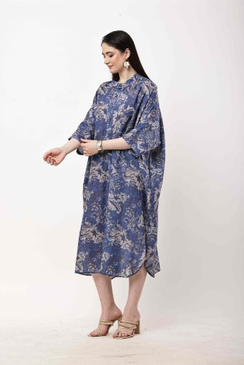 Blue Floral Kaftan Dress Women Oversized Midi Dress