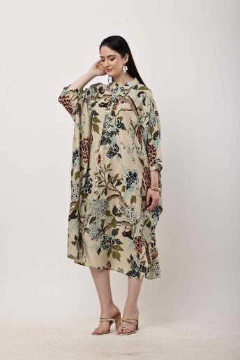 Beige Floral Kaftan Dress | Oversized Korean Style Outfit for Women