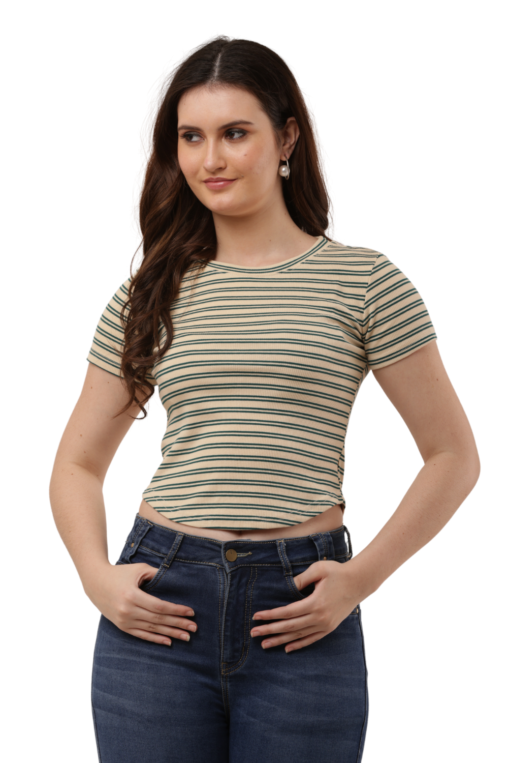 Ribbed Fitted Striped Korean T-Shirt Free Size – Casual Round Neck Tee