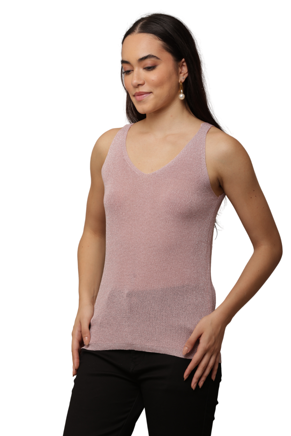 ✨ Shimmer Knit Sleeveless Top – V-Neck Style