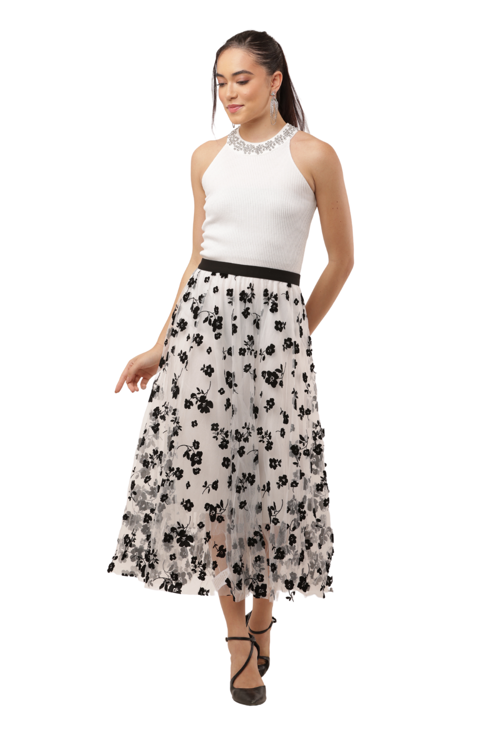 Black Mesh Floral Embroidered Korean Long Skirt – High Waist, A-Line, Pleated Midi
