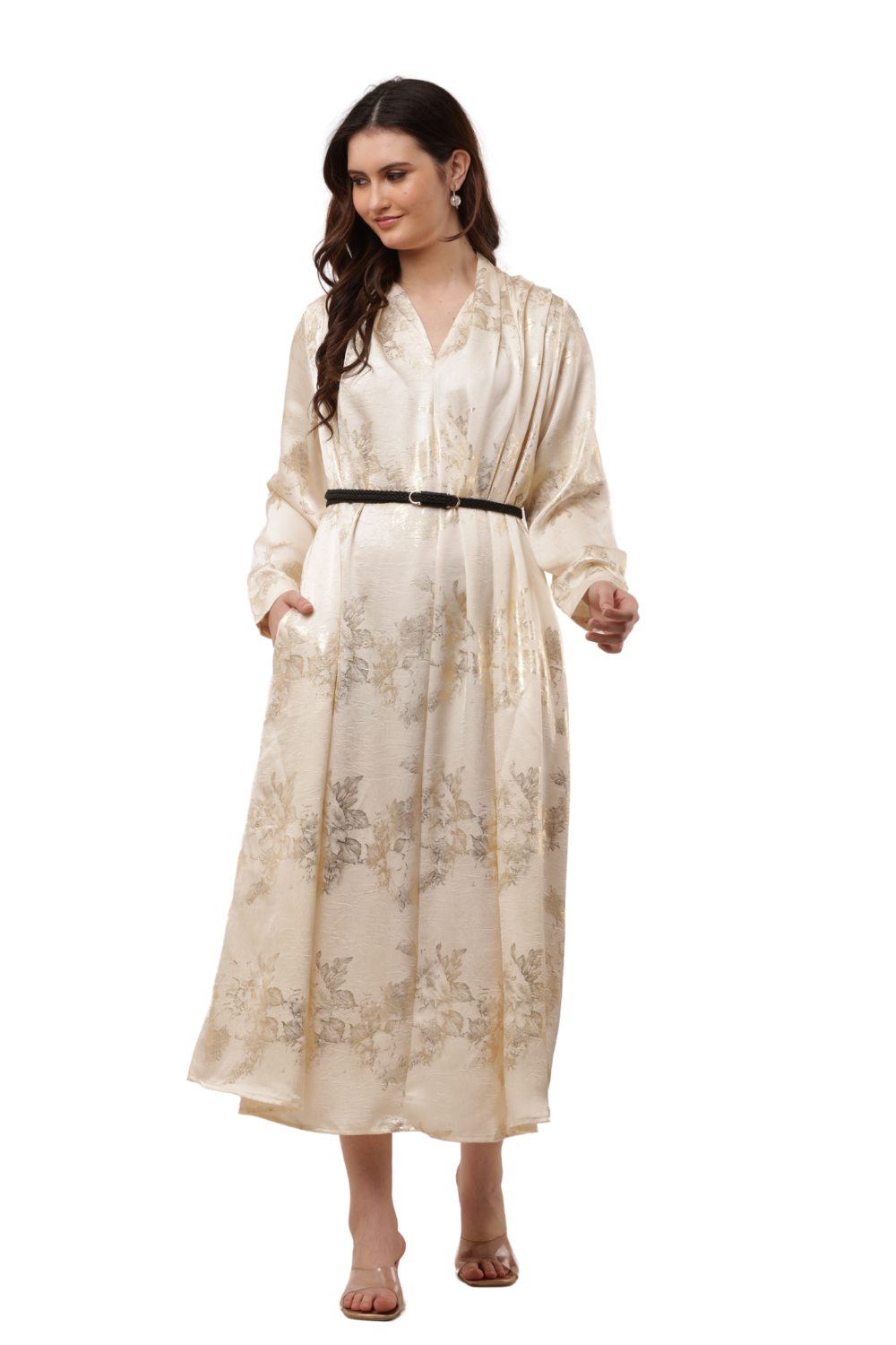 Elegant Korean Kaftan Dress in Satin Floral Print Free Size - Korean Fashion