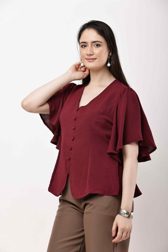 Olive Green Women Top Flutter Sleeve Elegant Blouse