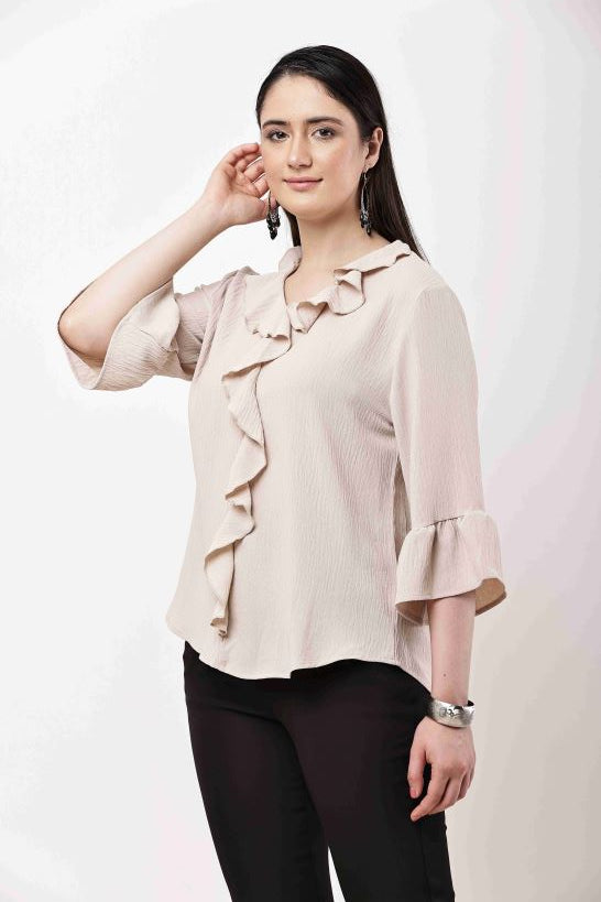 Beige Ruffle Top Women Flared Sleeve Elegant Blouse