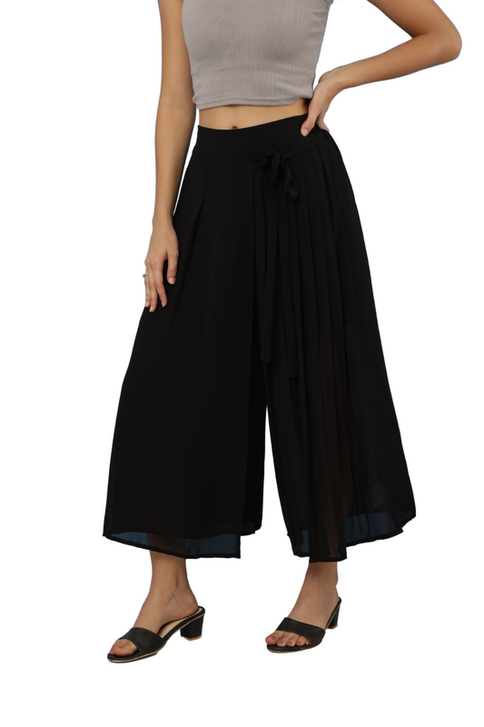 High-Waist Pleated Culottes with Side Tie Detail