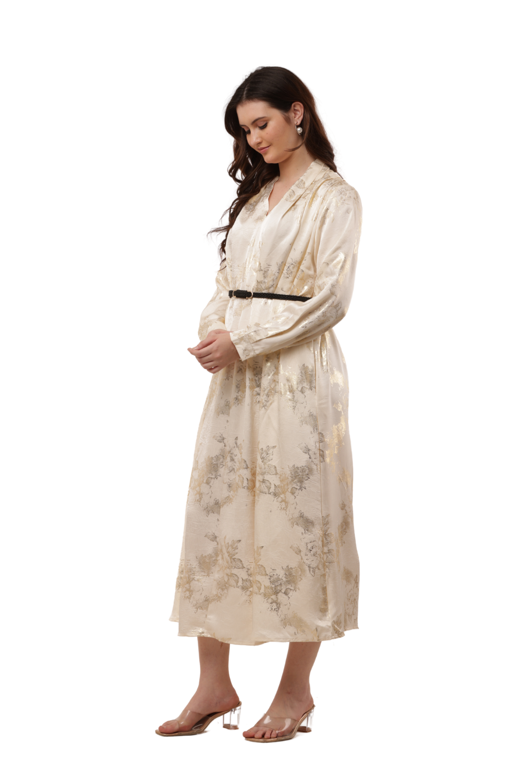 Elegant Korean Kaftan Dress in Satin Floral Print Free Size - Korean Fashion