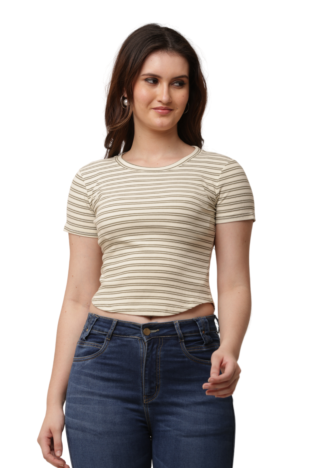 Ribbed Fitted Striped Korean T-Shirt Free Size – Casual Round Neck Tee