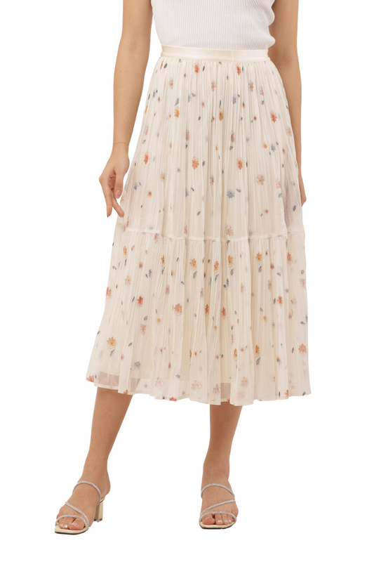 Floral Pleated Mesh Midi Skirt – High Waist, Lined, Lightweight | Korean Long Skirt