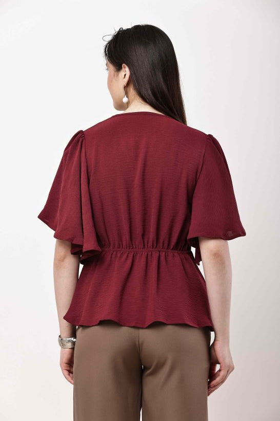 Olive Green Women Top Flutter Sleeve Elegant Blouse