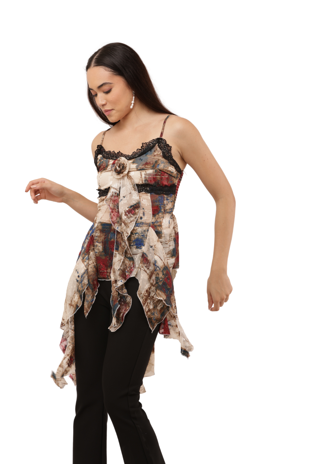 Vintage Abstract Lace-Trim Ruffle Top Free Size with Front Rose Detail