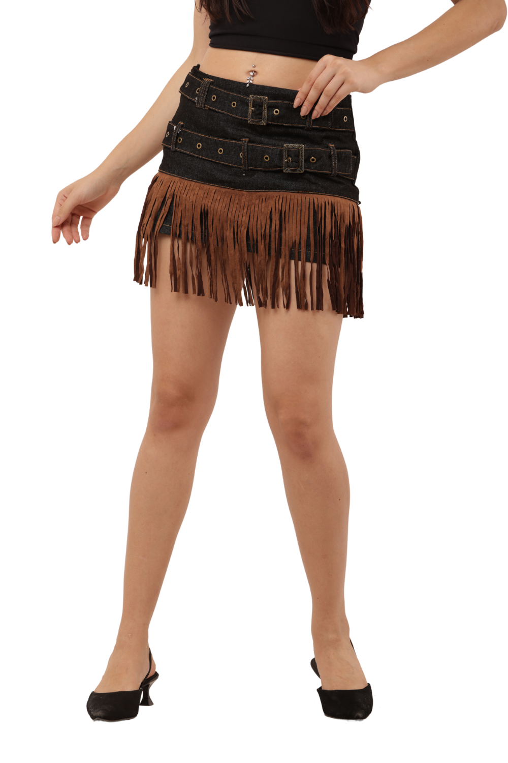 Denim Fringe Mini Skirt with Dual Belt Detail