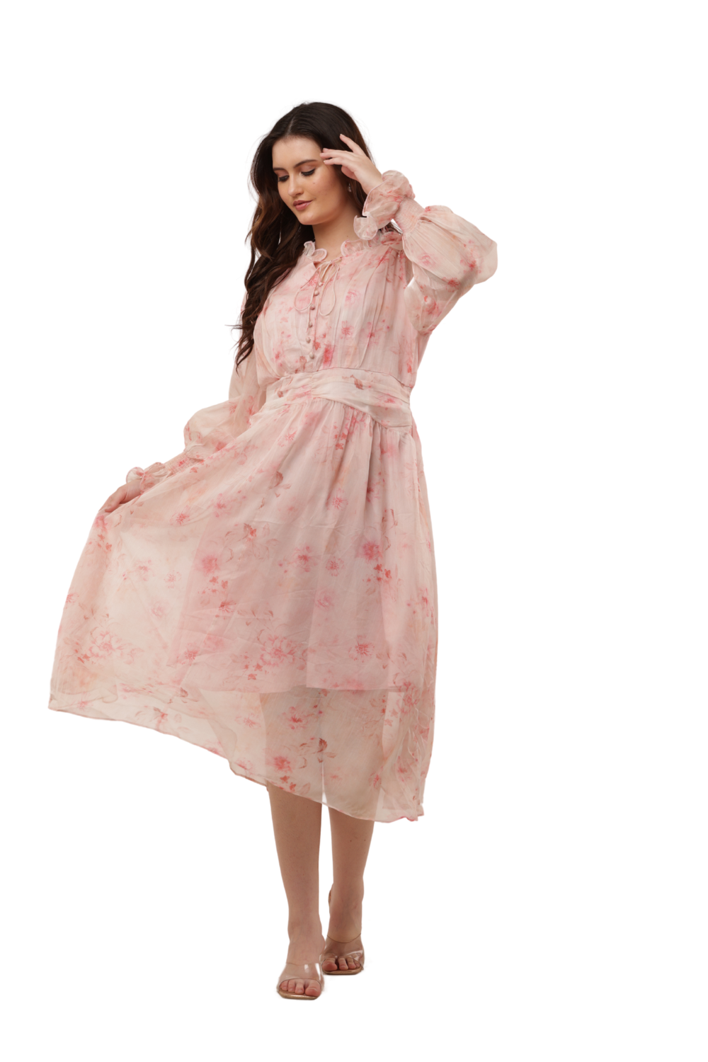 Elegant Floral Ruffle Midi Korean Dress – Sheer Organza | Korean Fashion Clothes