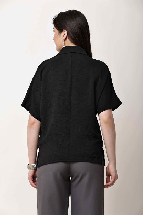 Black Textured Relaxed Fit Shirt for Women | Korean Style Top