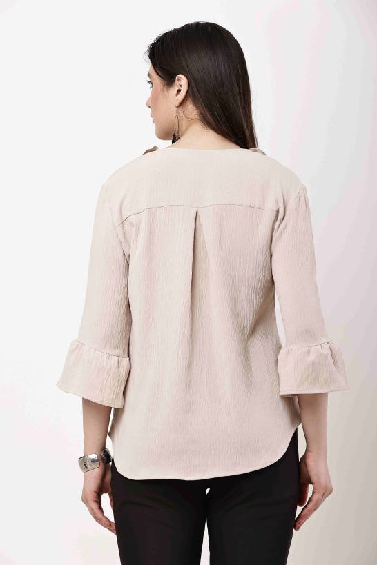 Beige Ruffle Top Women Flared Sleeve Elegant Blouse