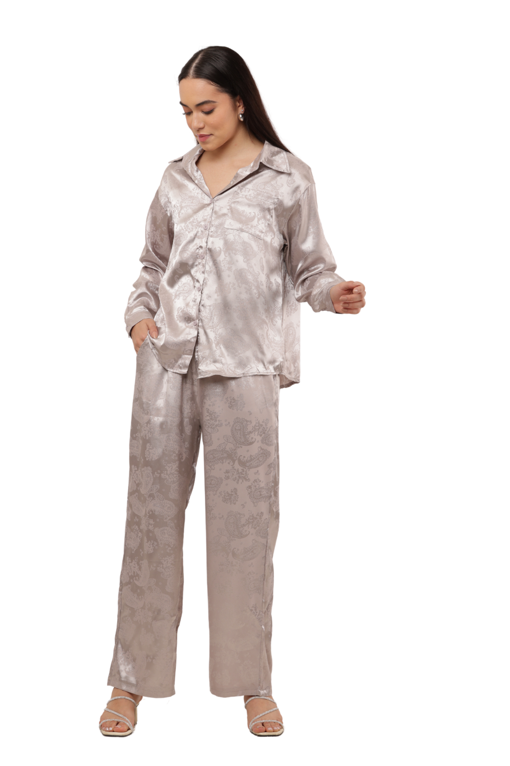 Elegant Satin Paisley Shirt and Trouser Co-ord Set
