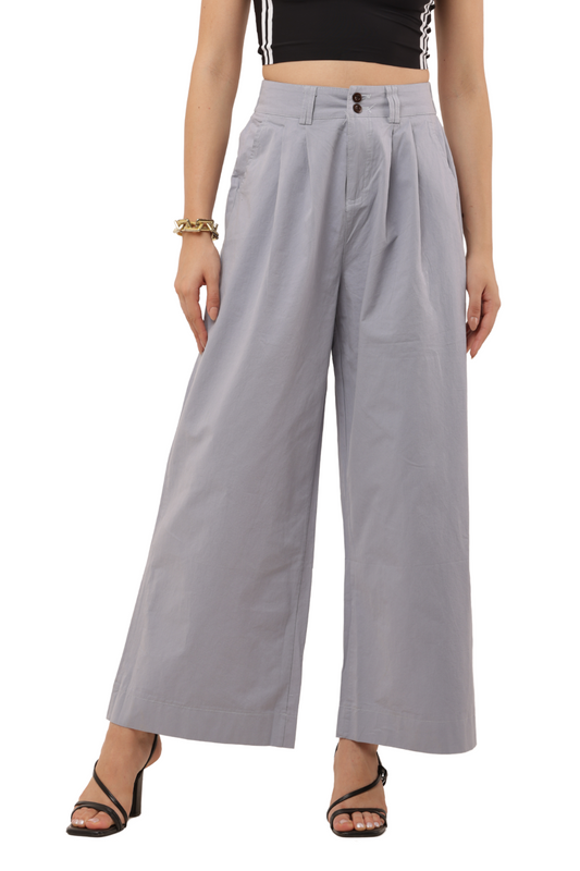 High-Waist Wide-Leg Korean Cotton Pants – Light Grey
