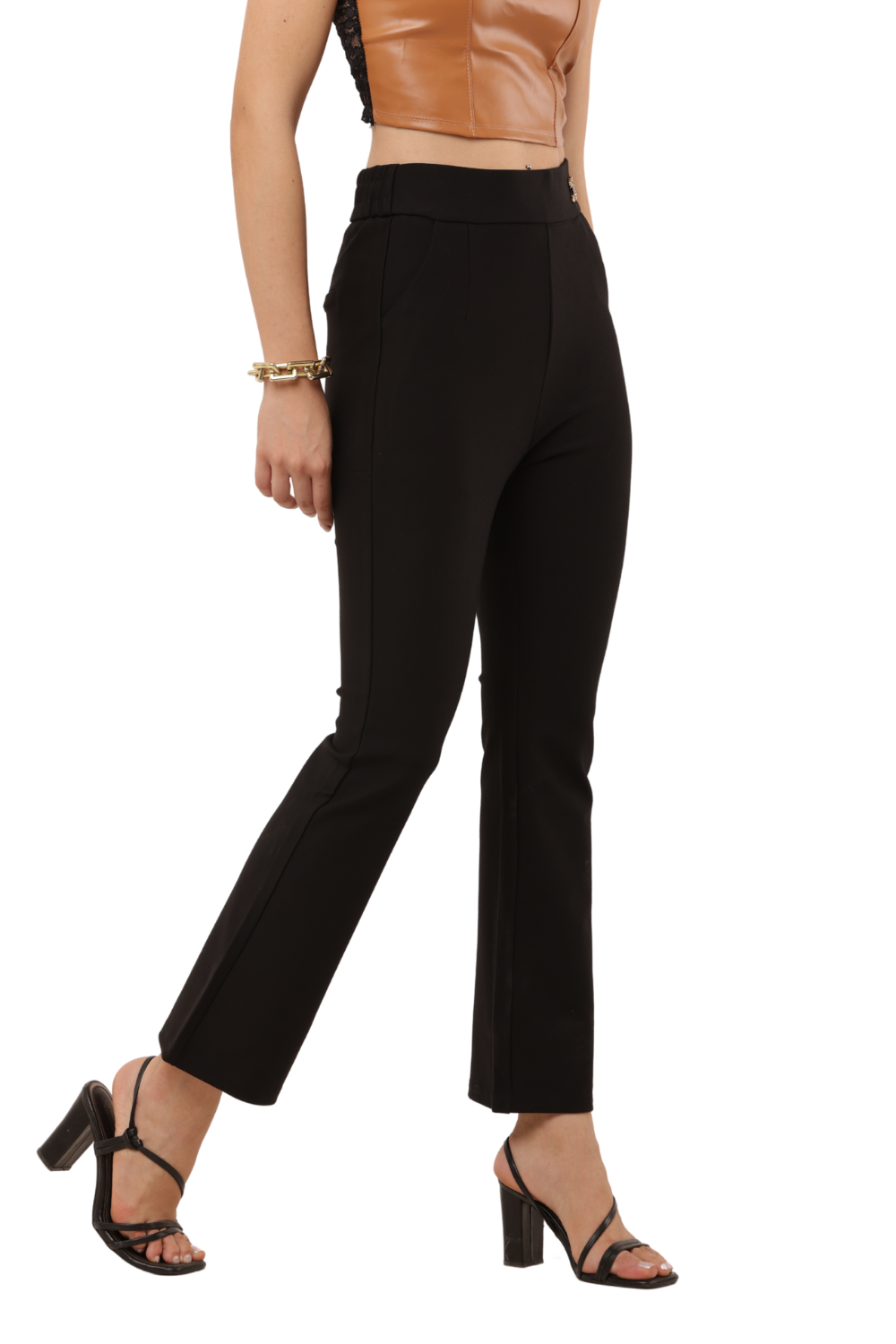 High-Waist Black Flared Pants with Gold Buckle – Korean Fashion Style