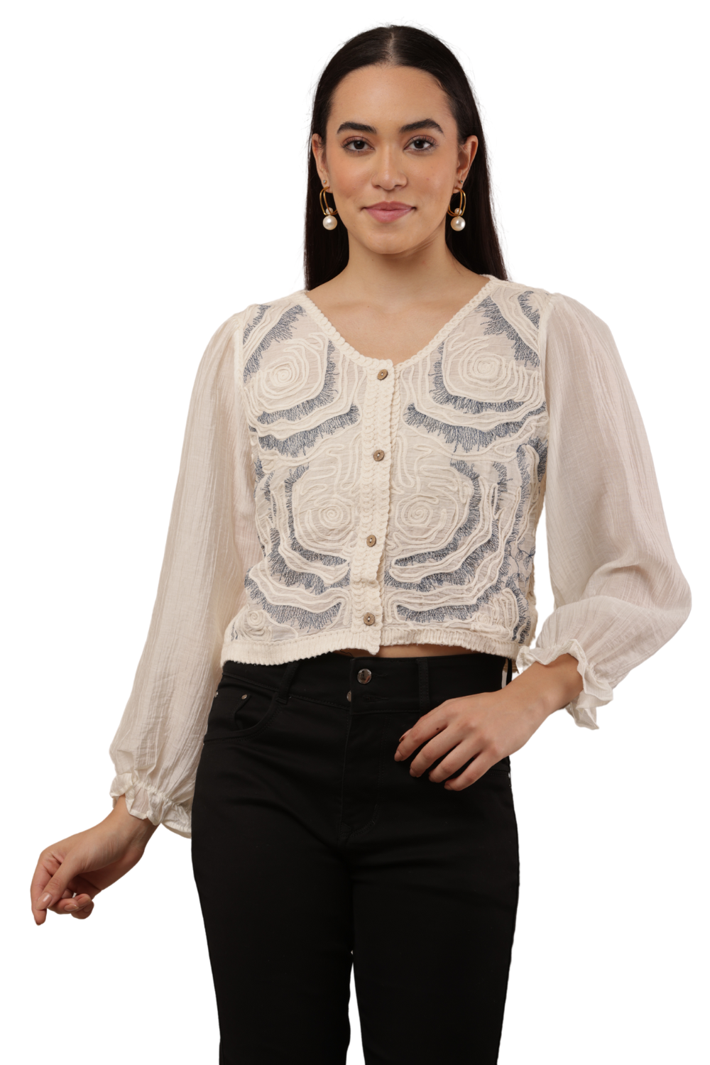 Elegant Embroidered Button-Front Free Size Korean Top with Balloon Sleeves