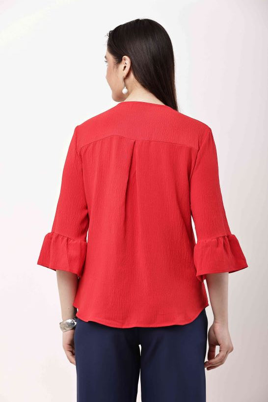 Beige Ruffle Top Women Flared Sleeve Elegant Blouse