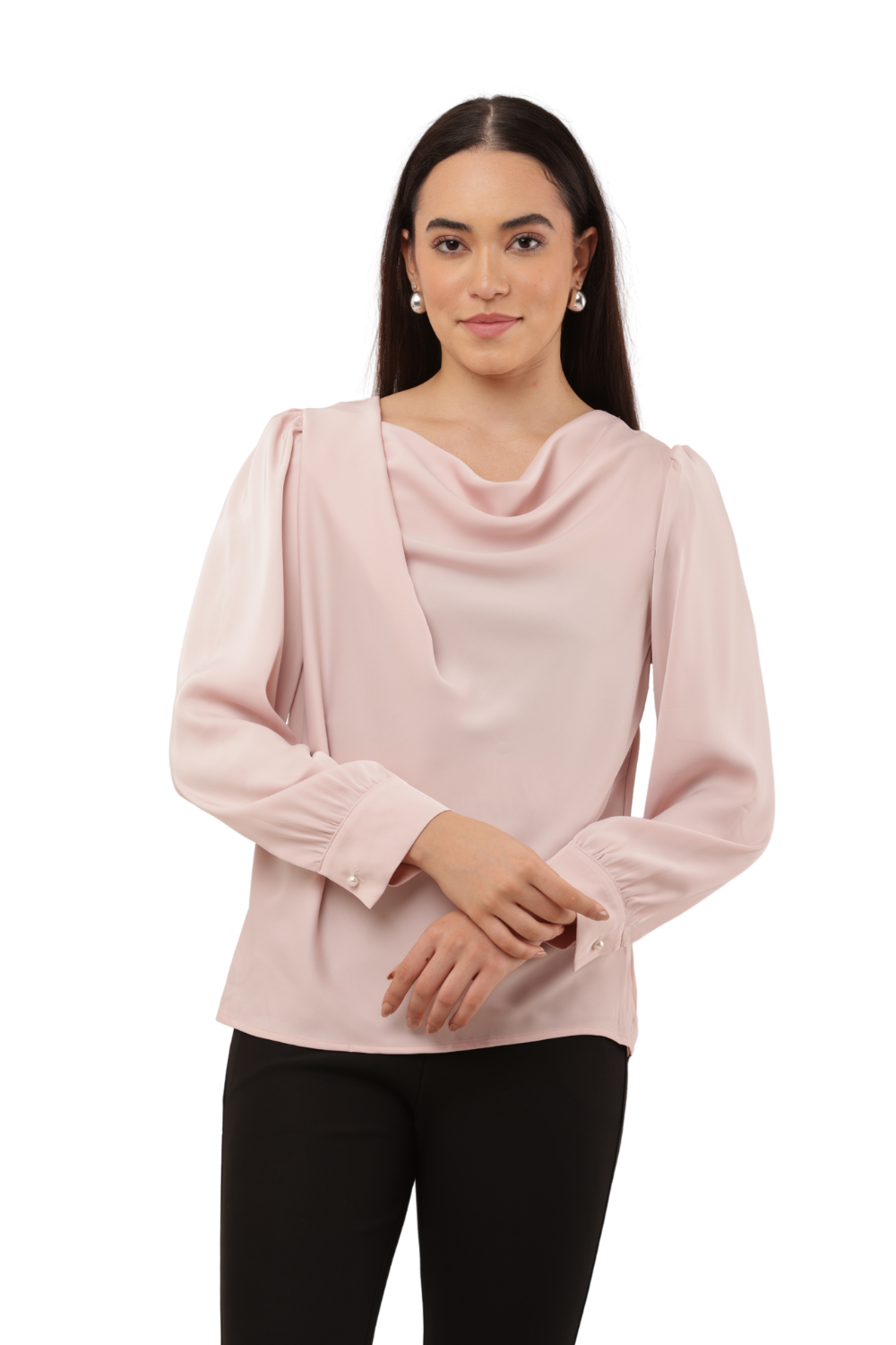 Draped Neck Long Sleeve Blouse – Korean Fashion Inspired