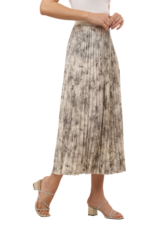 Elegant Pleated Midi Skirt with Tie-Dye Effect – Flowy & Chic