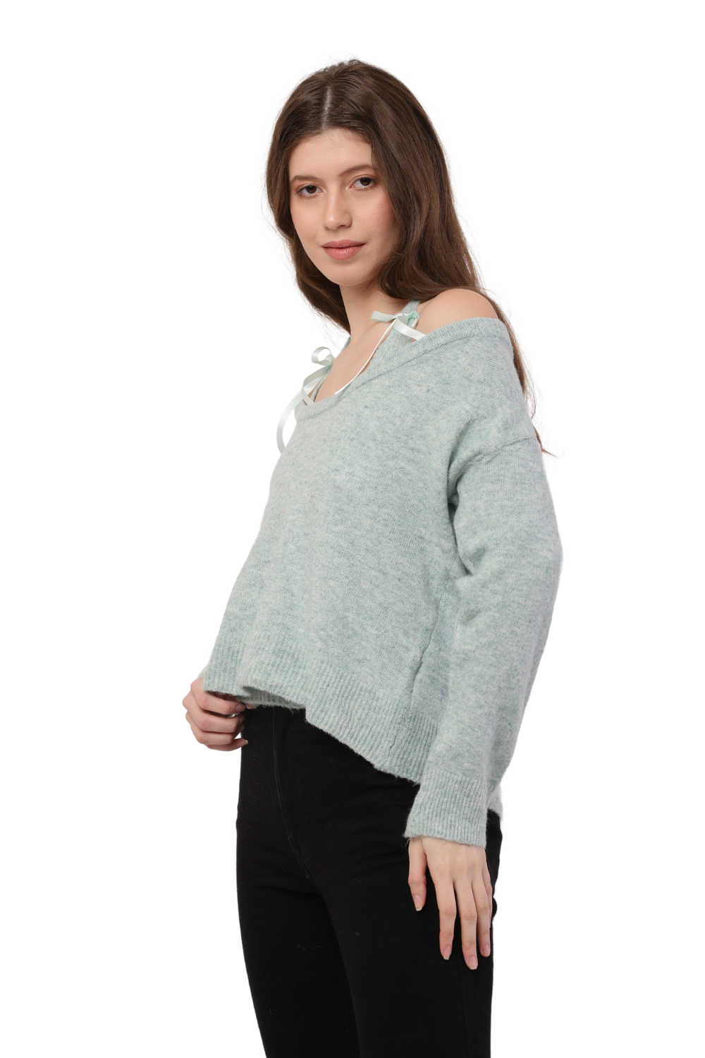 Korean Style Off-Shoulder Knit Sweater with Ribbon Tie Detail
