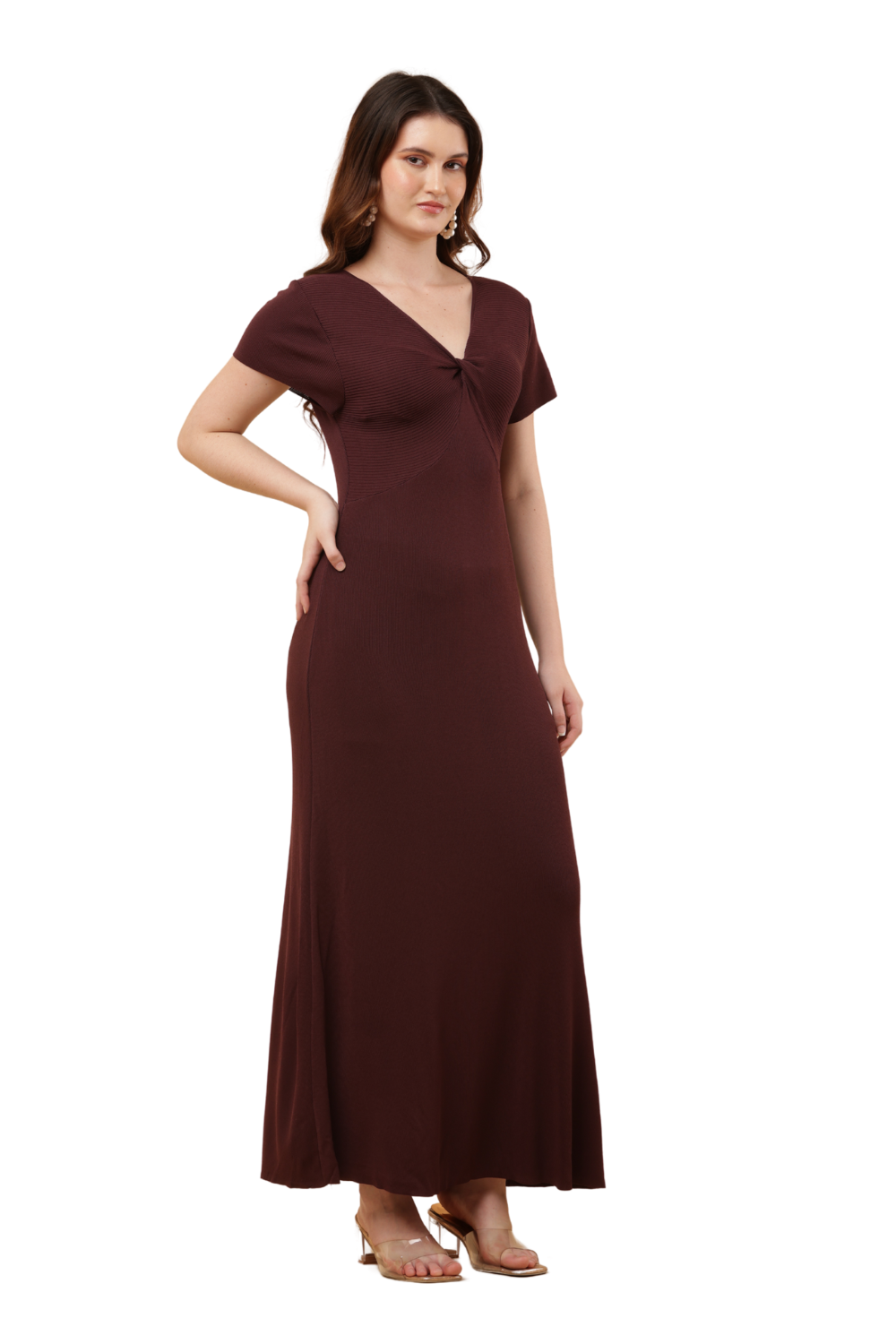 Twist-Front Ribbed Maxi Dress Free Size – Korean Bodycon Style