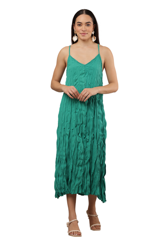 Korean Fashion Crinkled Spaghetti Strap Midi Dress Free Size – Teal | Korean Clothes