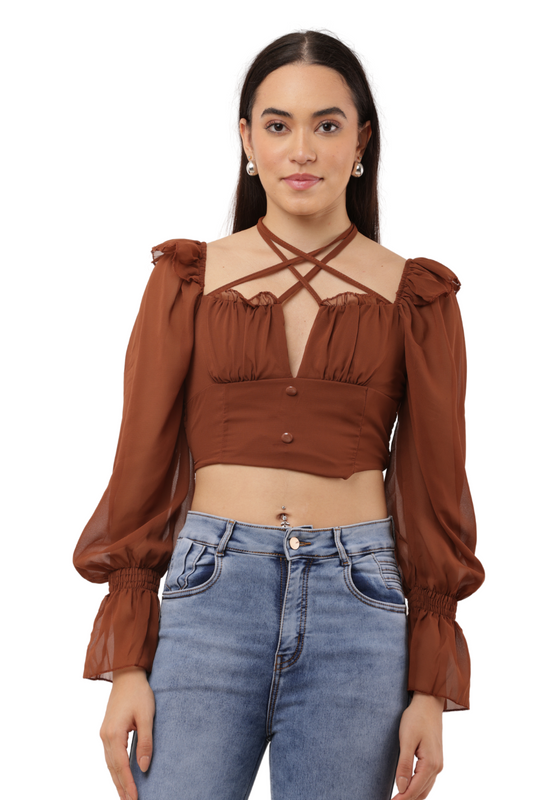 Chic Ruffle Free Size Long Sleeve Criss-Cross Crop Top for Women
