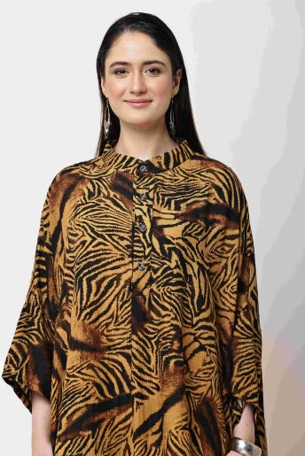 Tiger Print Kaftan Dress Women Oversized Midi Dress