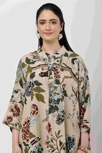 Beige Floral Kaftan Dress | Oversized Korean Style Outfit for Women