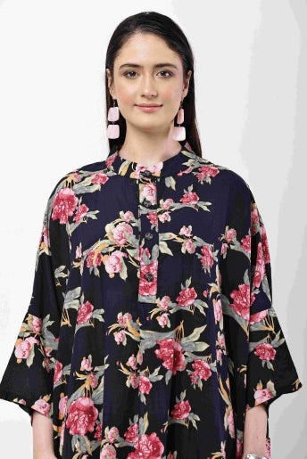 Black Floral Kaftan Dress Women Oversized Midi Dress