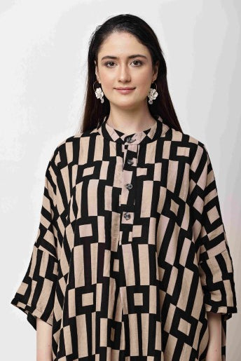 Beige Black Geometric Kaftan Dress for Women | Eid & Ramadan Wear