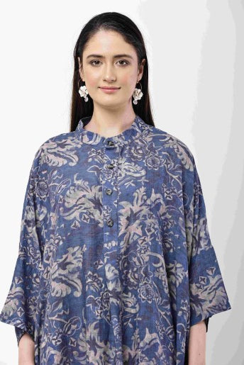 Blue Floral Kaftan Dress Women Oversized Midi Dress