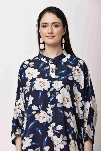 Navy Blue Floral Kaftan Dress for Women | Eid & Ramadan Wear