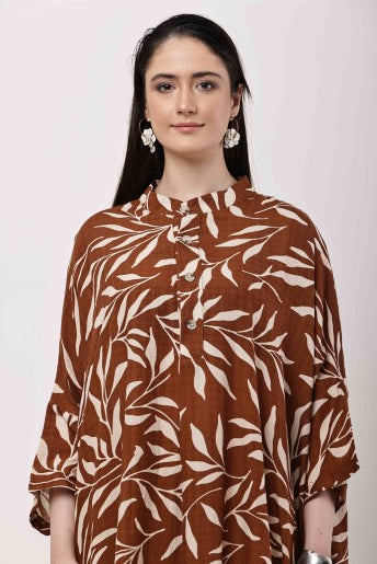Rust Brown Printed Kaftan Dress for Women | Oversized Korean Style Outfit