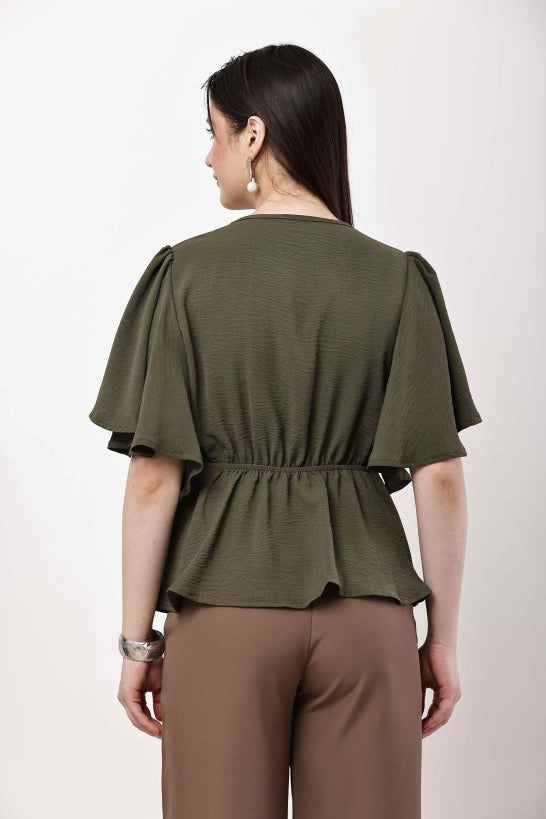 Olive Green Women Top Flutter Sleeve Elegant Blouse