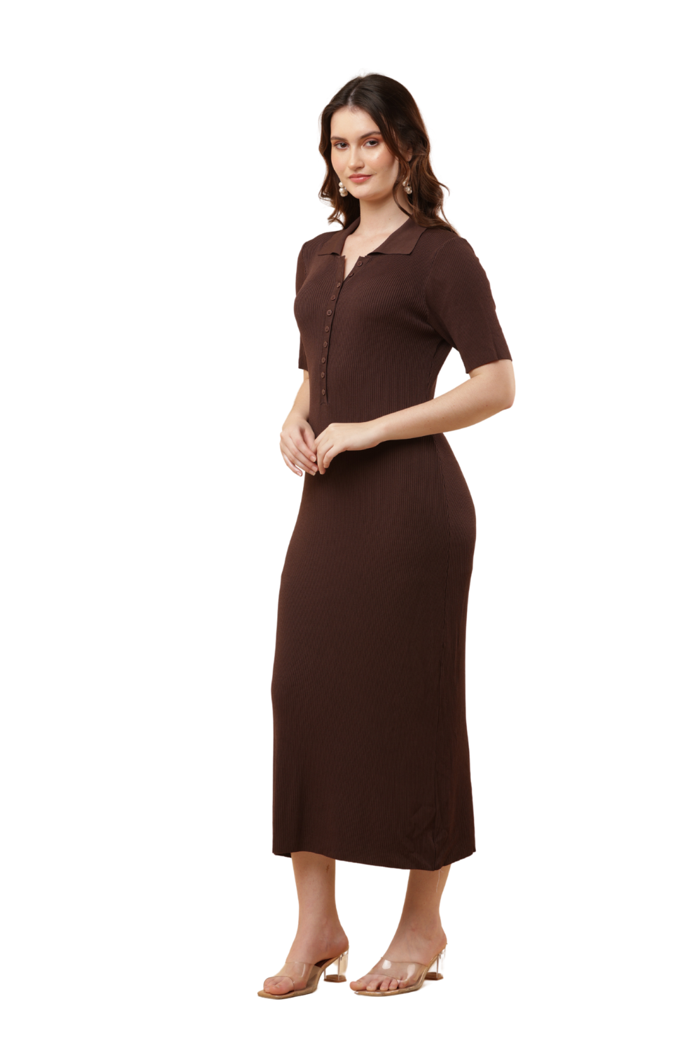 Korean Bodycon Ribbed Polo Midi Dress Free Size – Korean Fashion Style