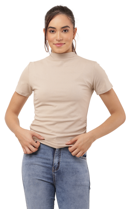 Korean Style Solid Fitted T-Shirt with High Neck