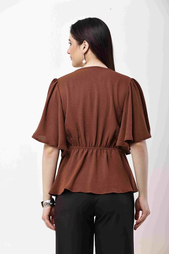 Olive Green Women Top Flutter Sleeve Elegant Blouse