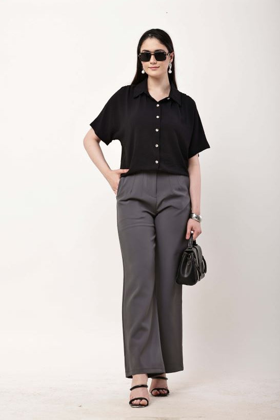 Black Textured Relaxed Fit Shirt for Women | Korean Style Top