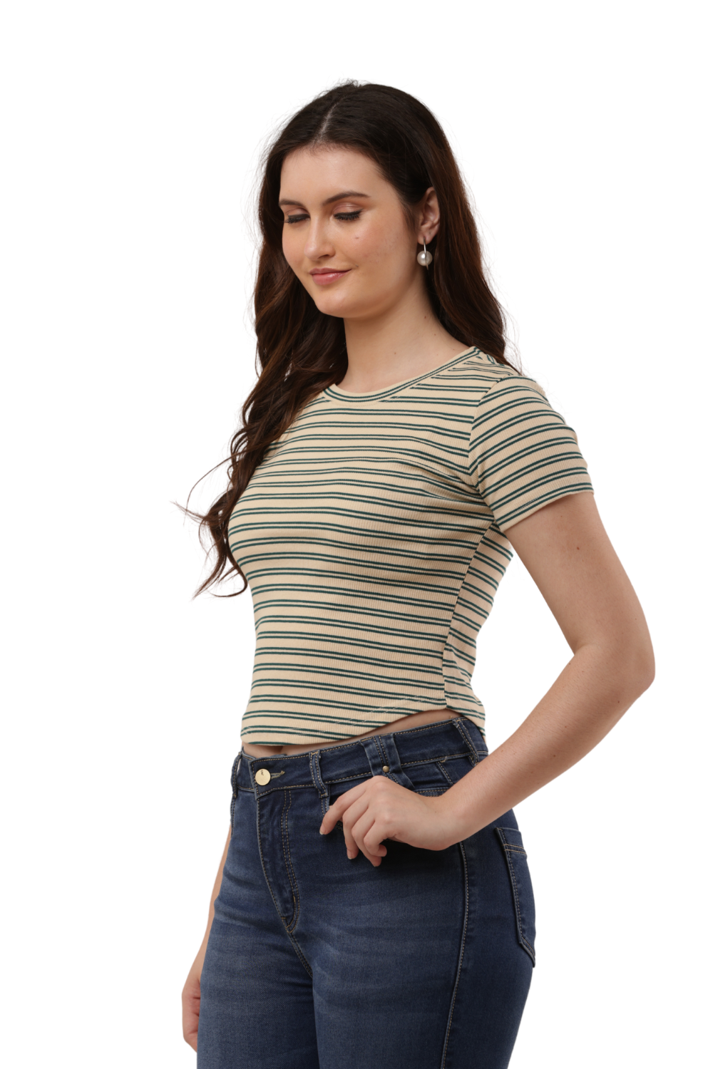 Ribbed Fitted Striped Korean T-Shirt Free Size – Casual Round Neck Tee