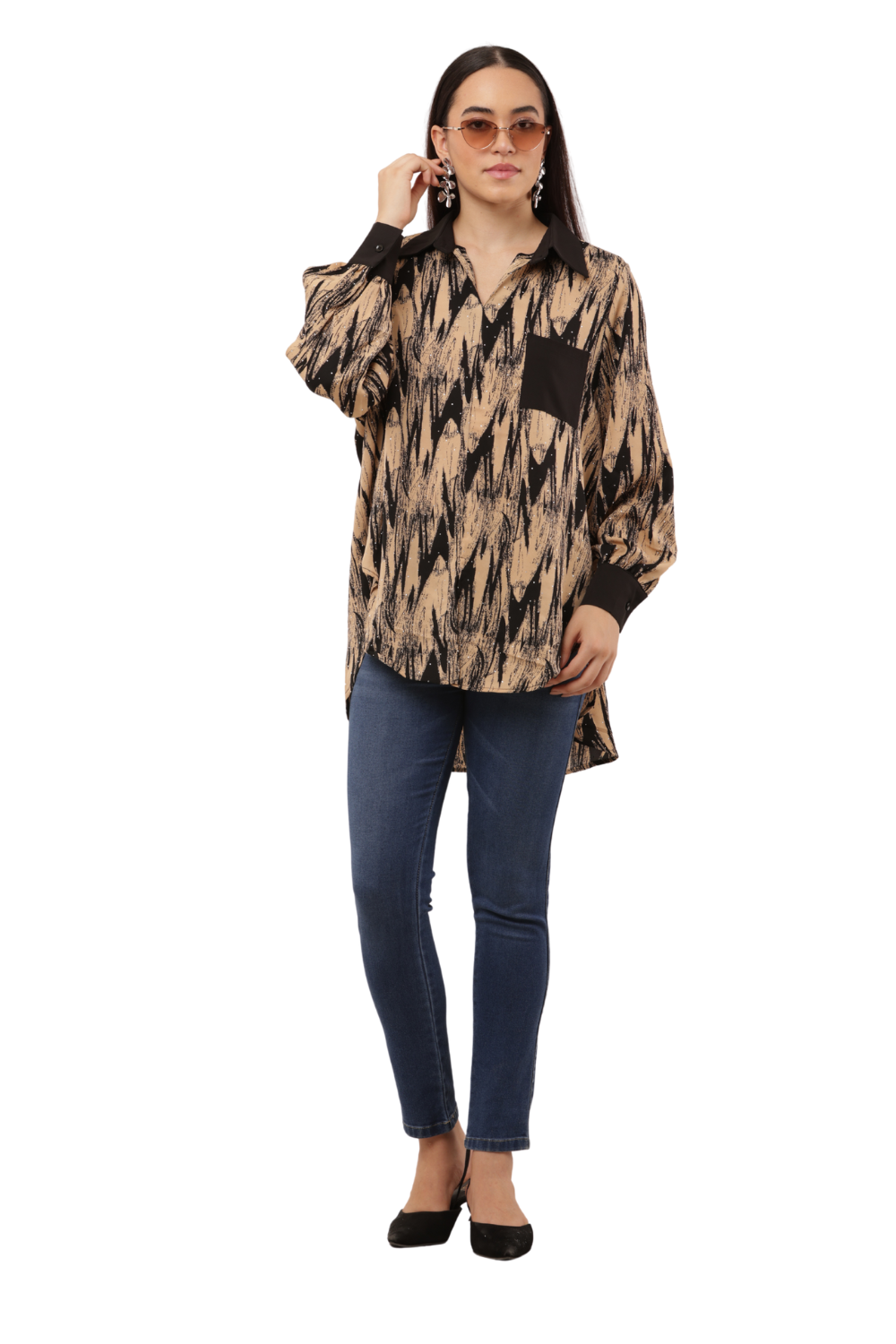 Oversized Abstract Print Button-Down Free Size Shirt with Contrast Detailing