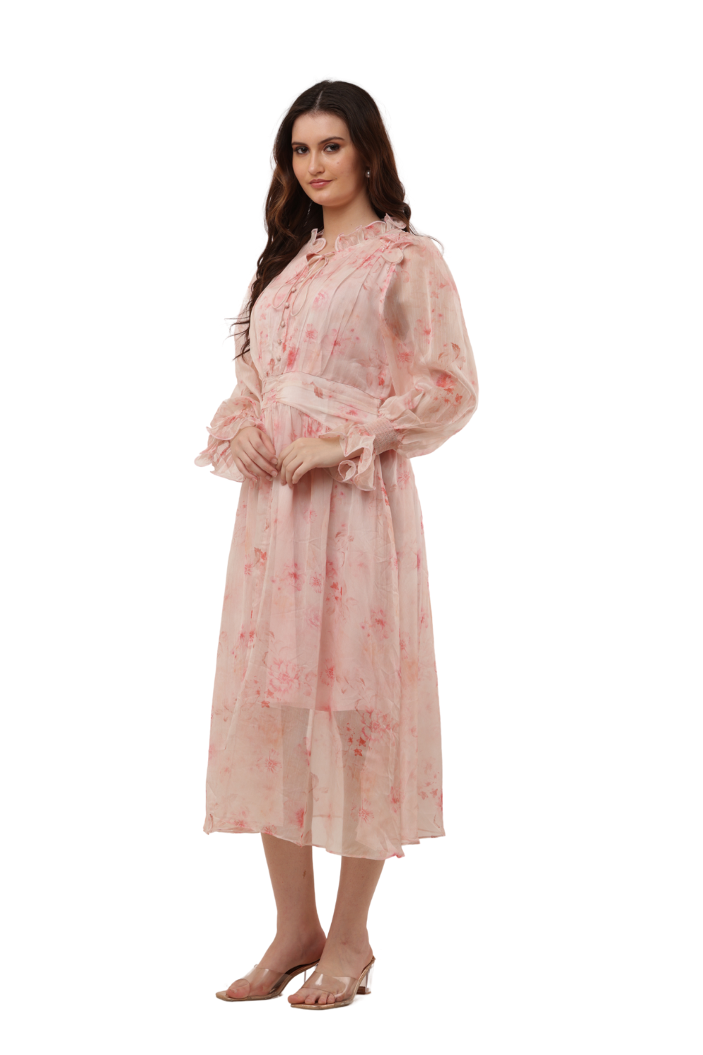 Elegant Floral Ruffle Midi Korean Dress – Sheer Organza | Korean Fashion Clothes