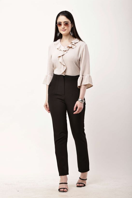 Beige Ruffle Top Women Flared Sleeve Elegant Blouse