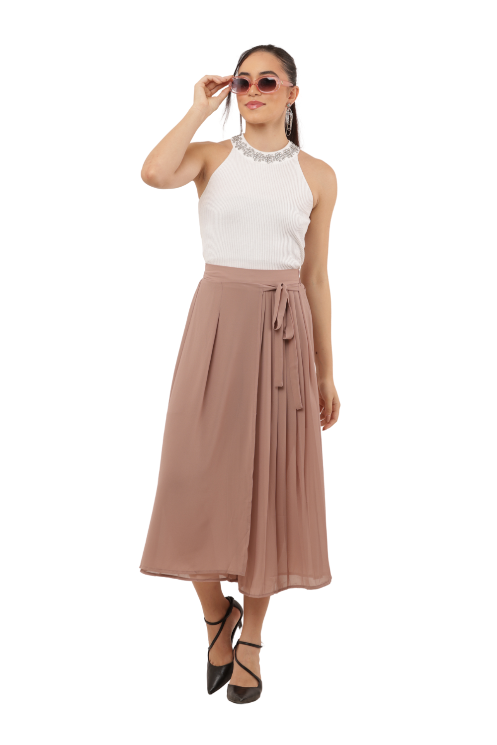 High-Waist Pleated Culottes with Side Tie Detail
