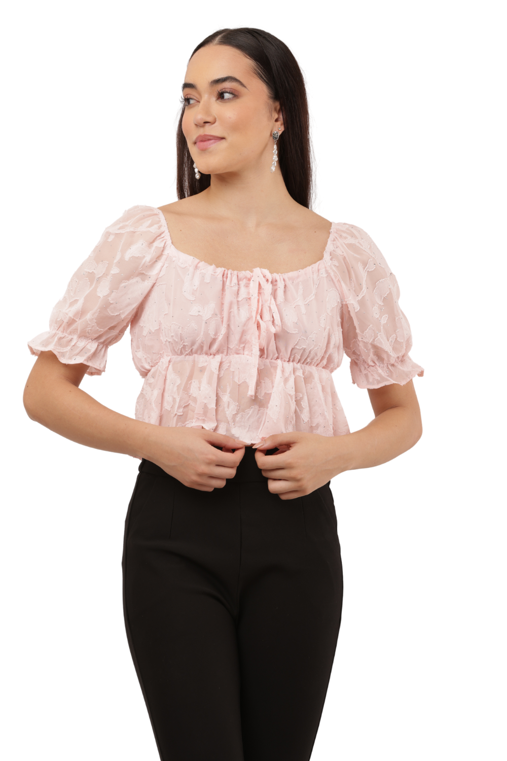 Blush Pink Floral Sheer Puff Sleeve Peplum Korean Top