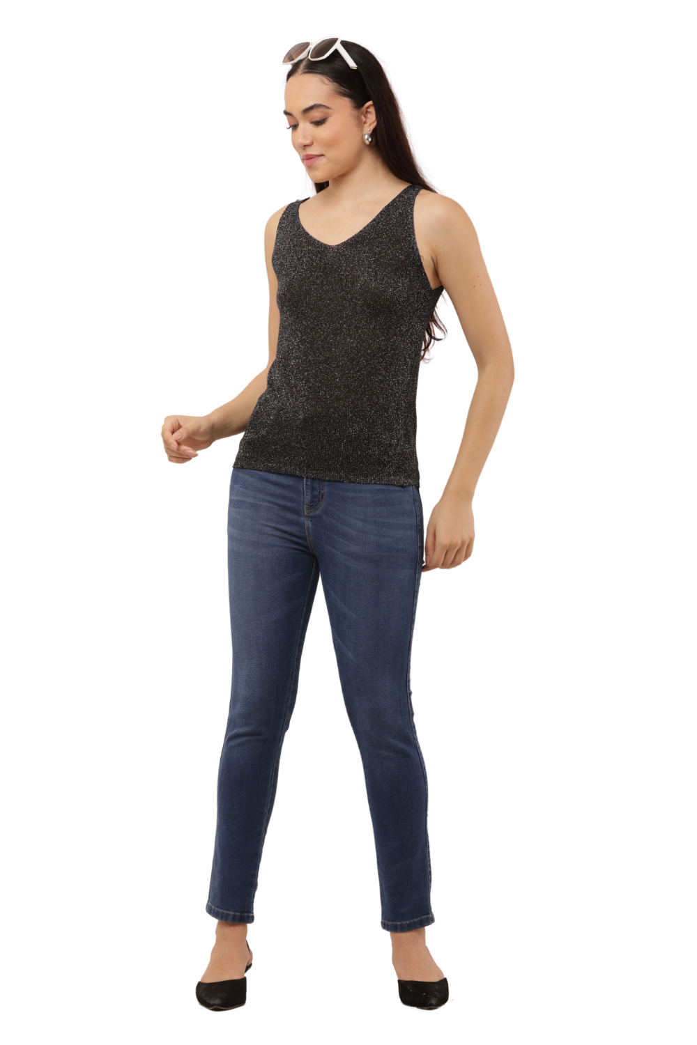 ✨ Shimmer Knit Sleeveless Top – V-Neck Style
