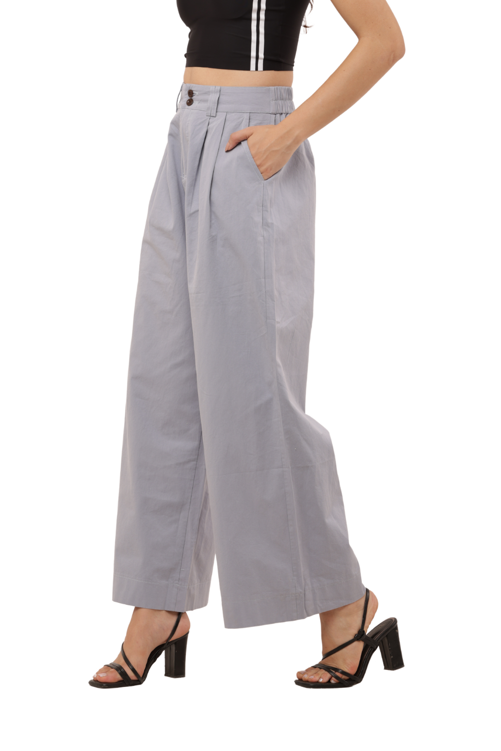 High-Waist Wide-Leg Korean Cotton Pants – Light Grey