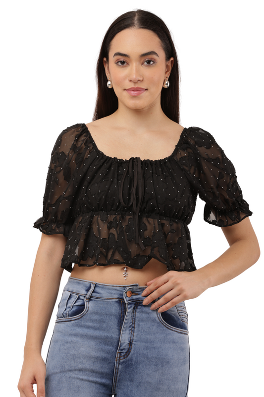 Sheer Puff Sleeve Mesh Peplum Top with Tie Front - Free Size